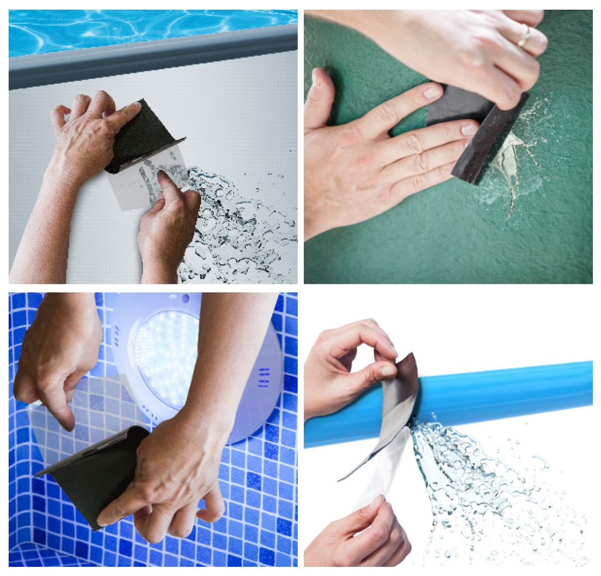 Tejpen applicerad på in och utsidan av en poolliner och på en vattenslang