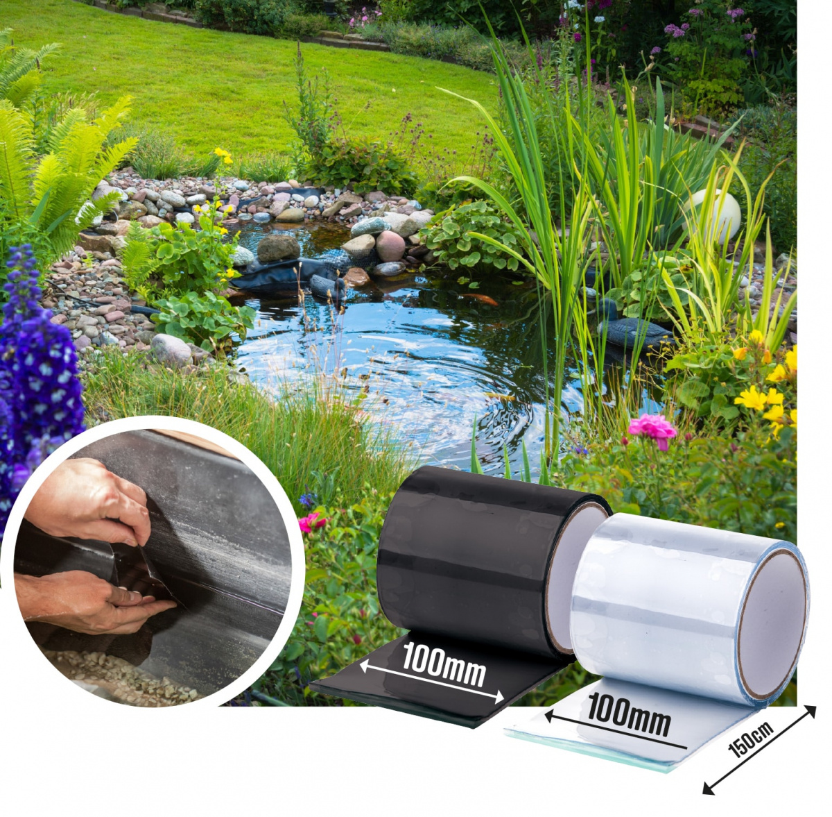 Två rullar tejp framför en damm i en trädgård