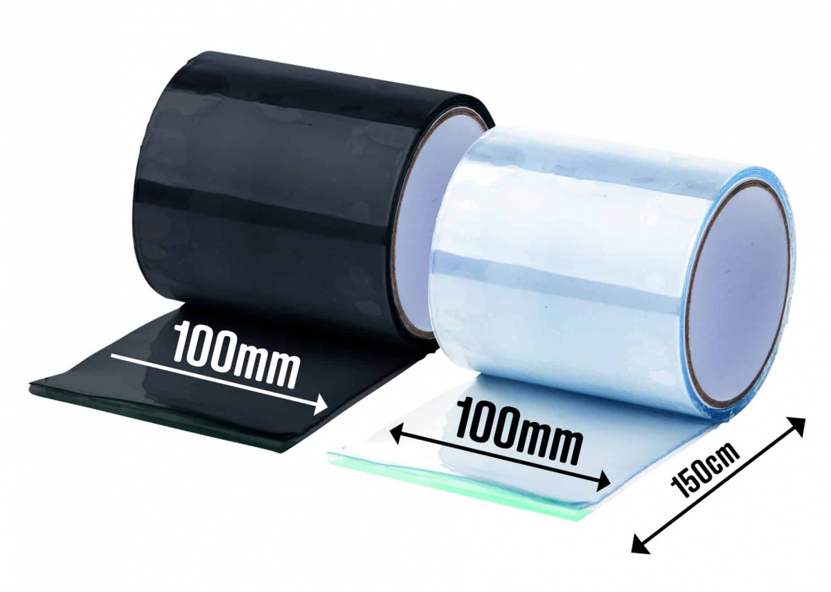 Två rullar med måtten 100 mm x 150 cm skrivna på dem