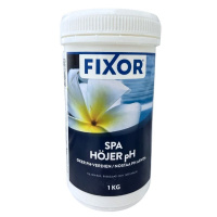 Spa Höjer pH, 1kg Produkten är en vit plastburk med ett blått och vitt etikett. Innehållet är ett pH-höjande medel för spa, 1 kg.