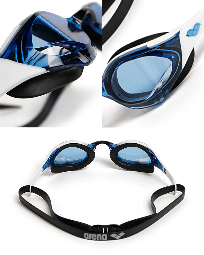 Närbilder på linserna för simglasögonen i Blå/Vit/Svart