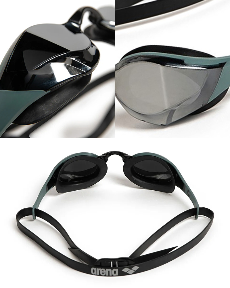 Närbilder på linserna för simglasögonen i Silver/Sage/Svart