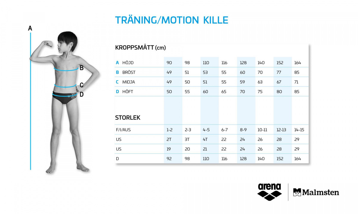 Storlekstabell för arenas juniorbadbyxor