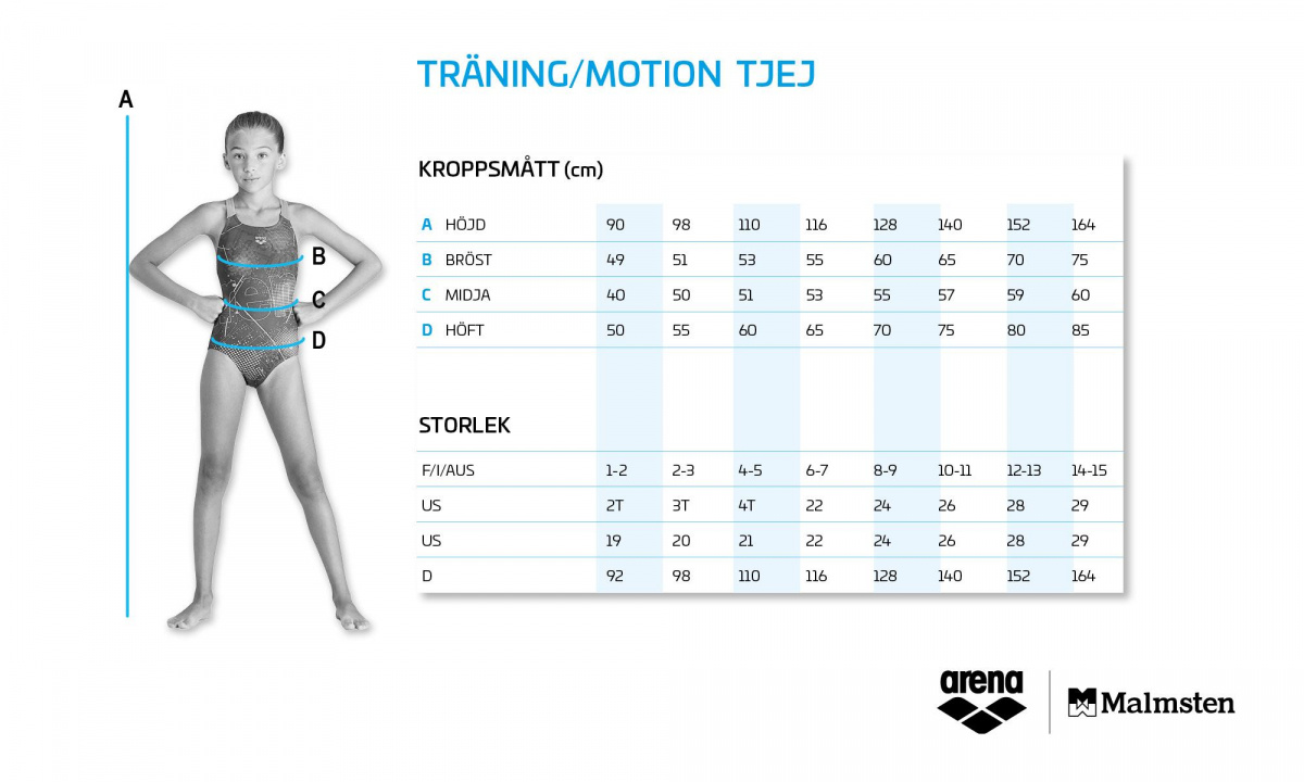 Storlekstabell för Arenas junior baddräkter