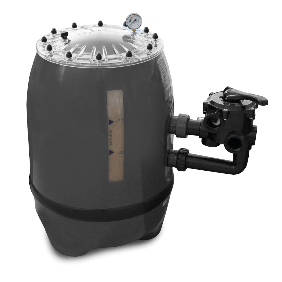 Sandfiltret mot en vit bakgrund