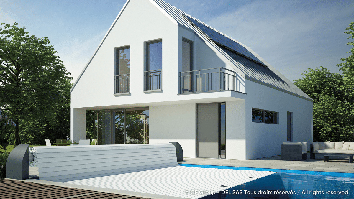 Contura Lamelltäcket i vit PVC halvvägs upprullat i en pool framför ett hus