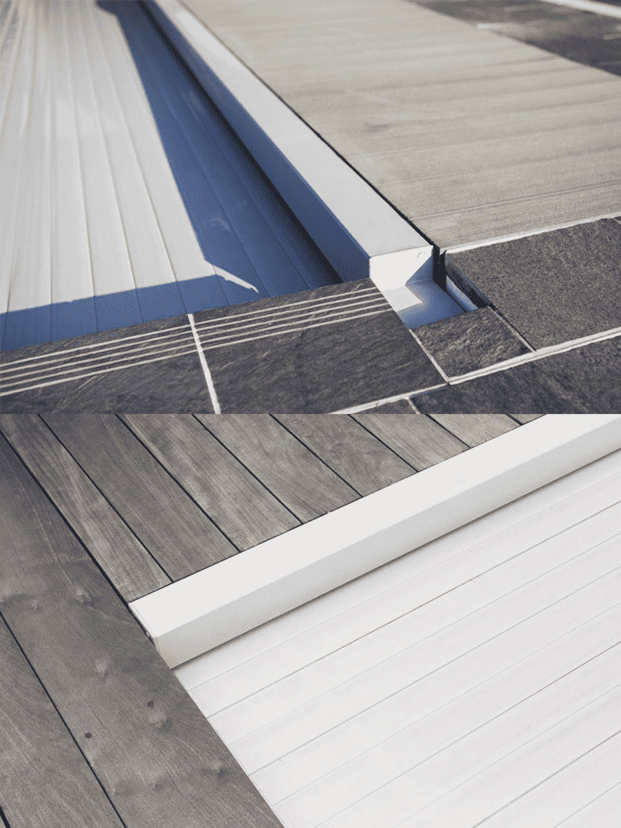 Närbild på supportbalken i Grått & Vitt med matchande lameller