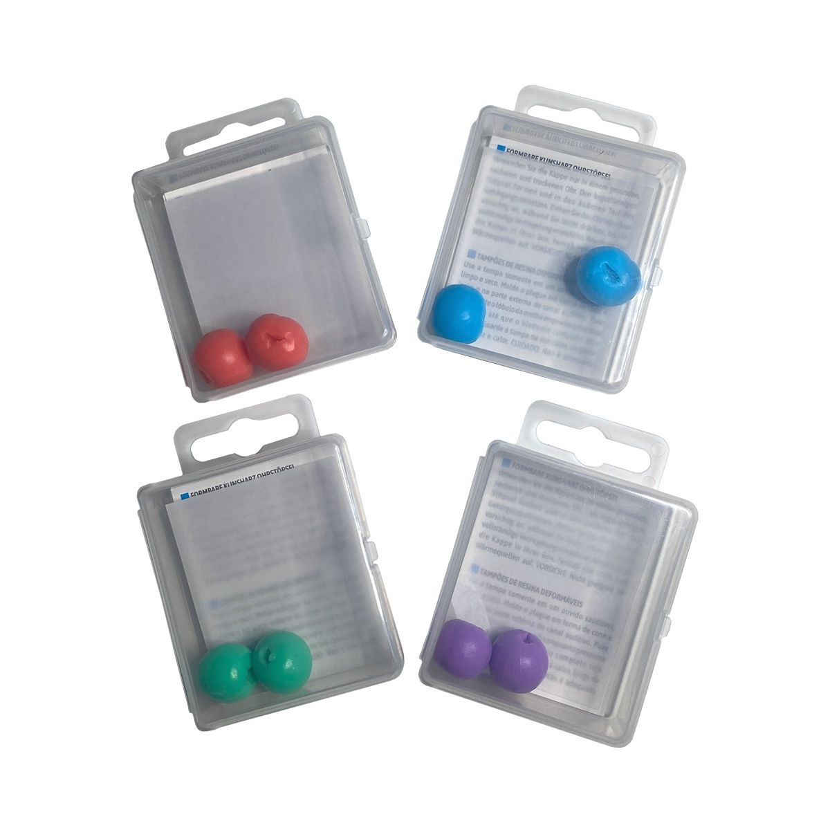 Fyra förpackningar med varianter av öronpropparna i rött, blått, lila och grönt