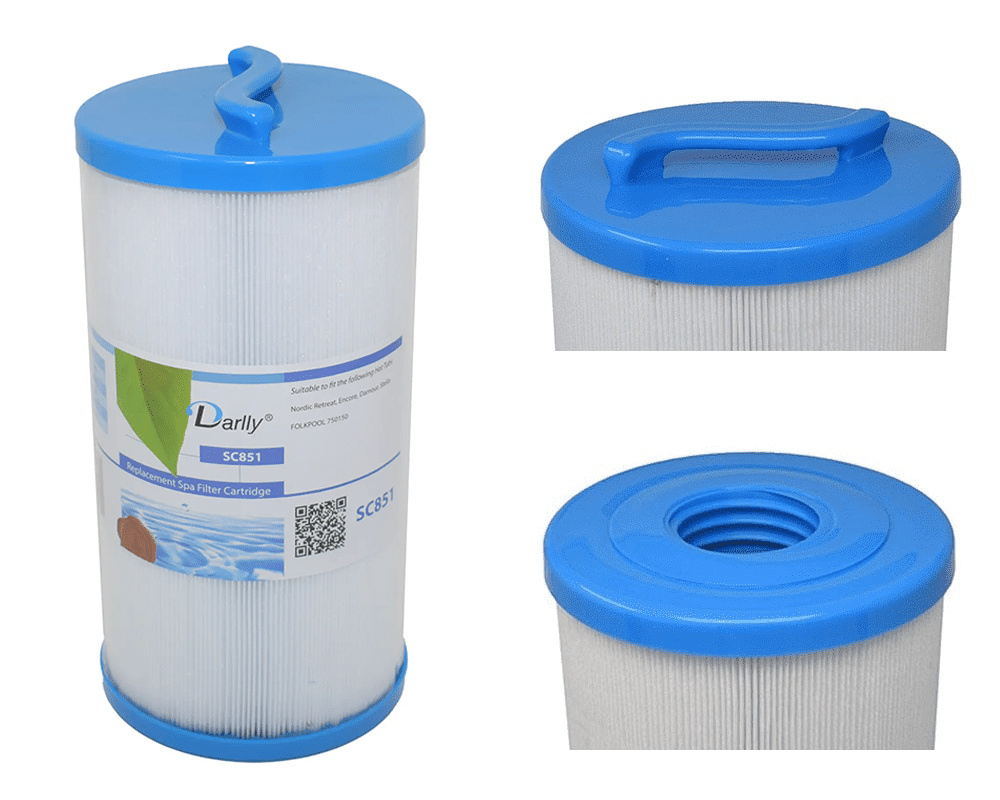 Spafilter SC851 och närbild på toppen och botten