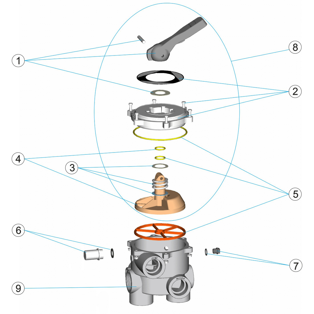 Sprängskiss på en toppventil