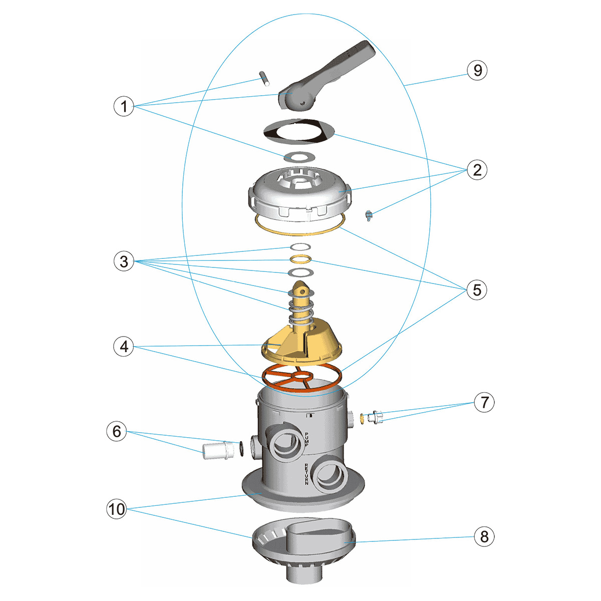 Sprängskiss på en toppventil
