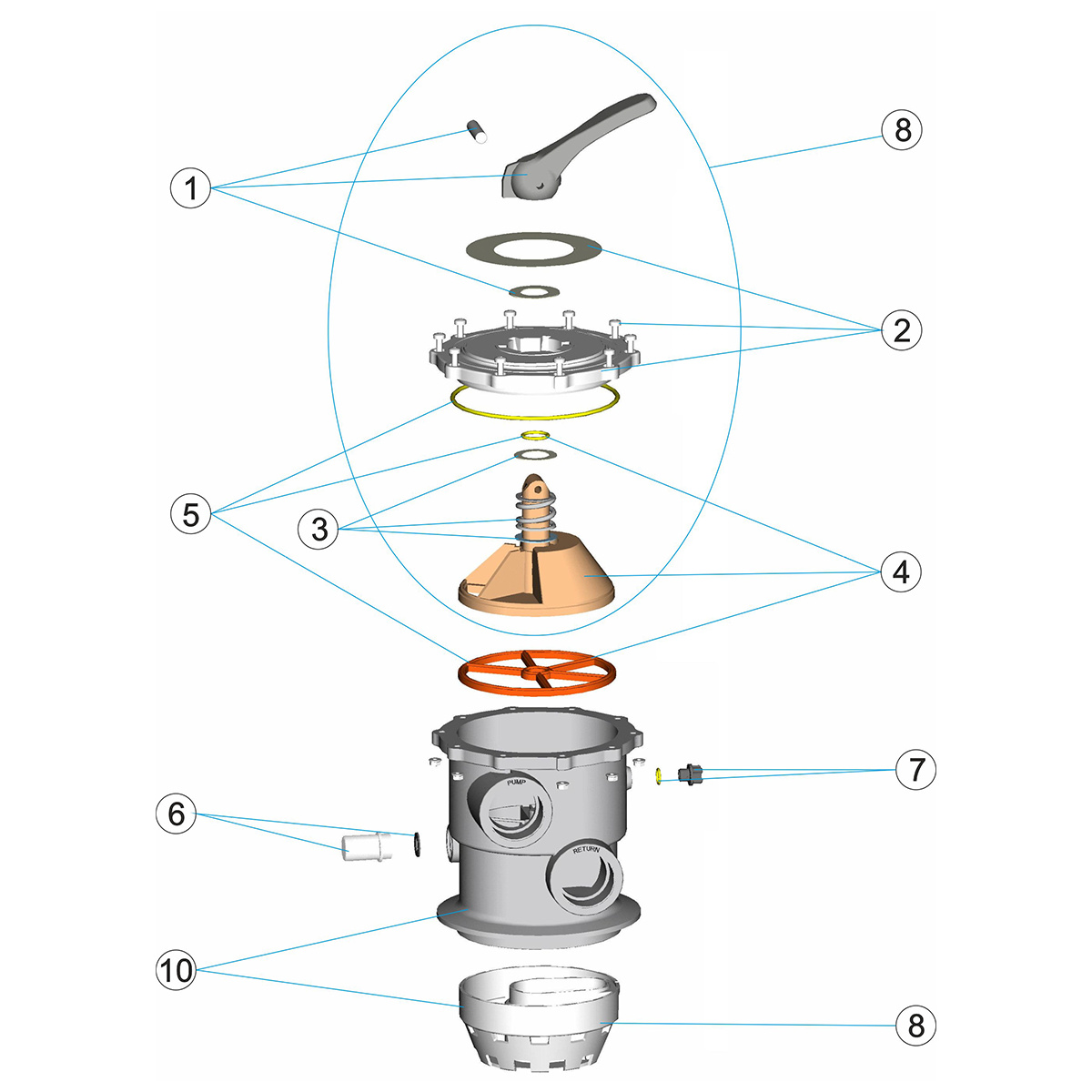 Sprängskiss på en toppventil