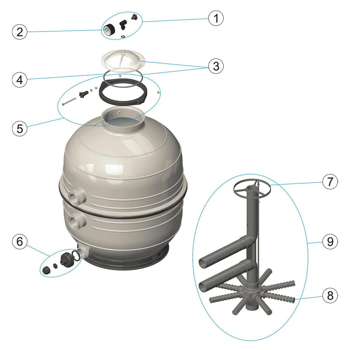 Sprängskiss på ett Mediterranean Side sandfilter