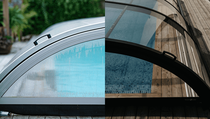 Ett pooltak i kanalplast till vänster och klarplast till höger