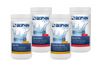 Startkit Spabadsrengöring Förpackningarna för Spa Klor, Spa pH Minus, Spa Klor Tabs, och Spa pH Plus mot en vit bakgrund