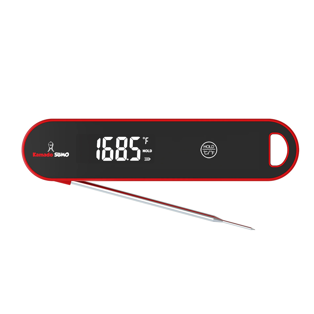 Grilltermometer i en röd och svart design med digital skärm som visar 168.5°F. Funktioner inkluderar hållknapp.
