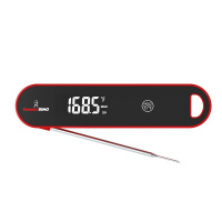 Grilltermometer – Digital Grilltermometer i en röd och svart design med digital skärm som visar 168.5°F. Funktioner inkluderar hållknapp.