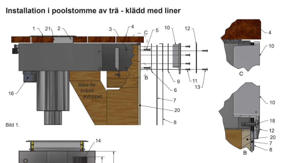 Montering i en poolstomme av trä