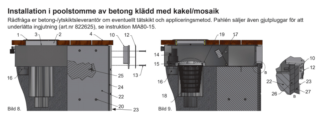 Montering i en poolstomme av betong med kakel/mosaik