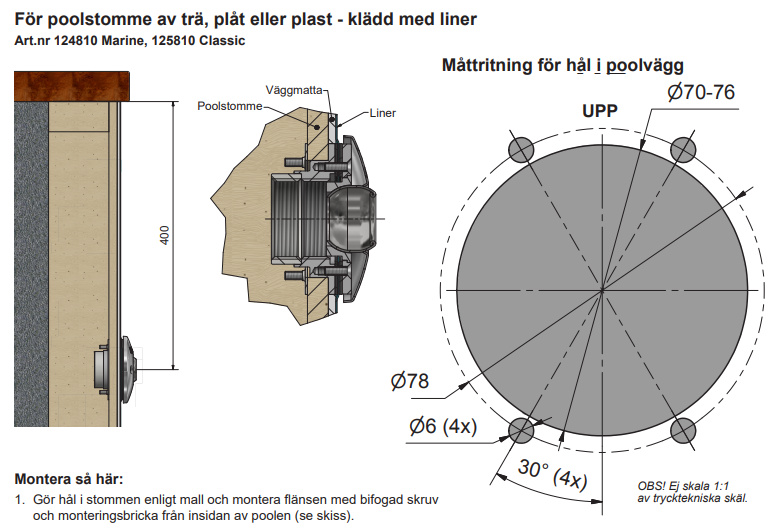 Montering i en poolstomme av trä, plåt, eller plast