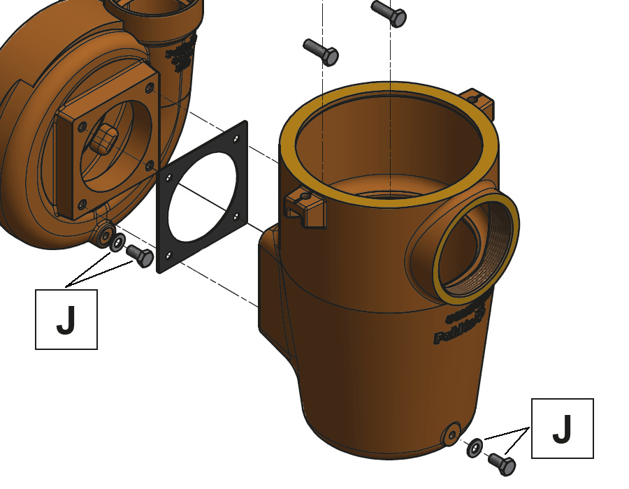 Ritning på en pump med avtappningspluggarna markerade