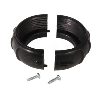 Delbar Låsmutter 2 Mutterns två delar och två skruvar mot en vit bakgrund