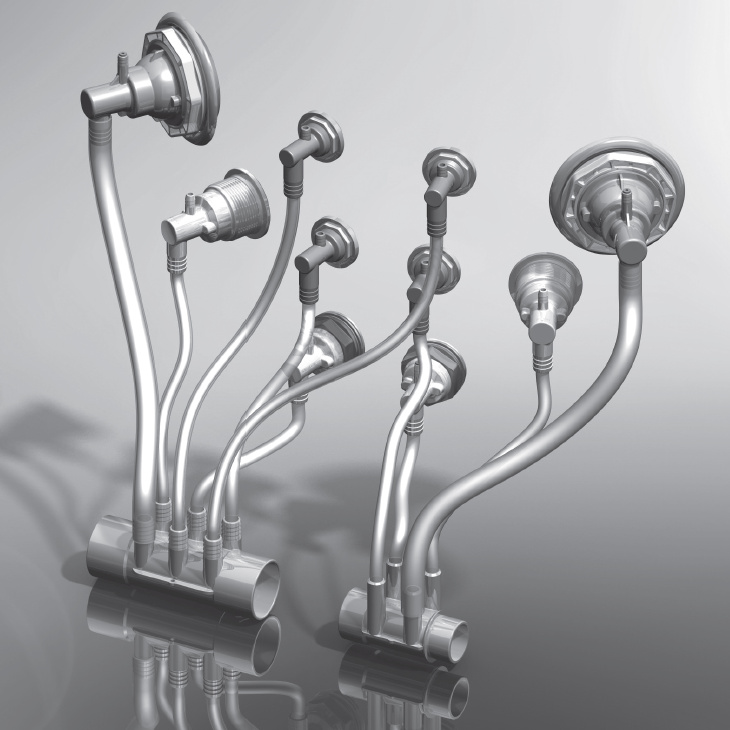 3D modell på grenrör med slangar och jets påkopplade