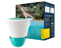 ICO Pool Salt V2 med WiFi + Bluetooth En ICO enhet och dess förpackning mot en vit bakgrund