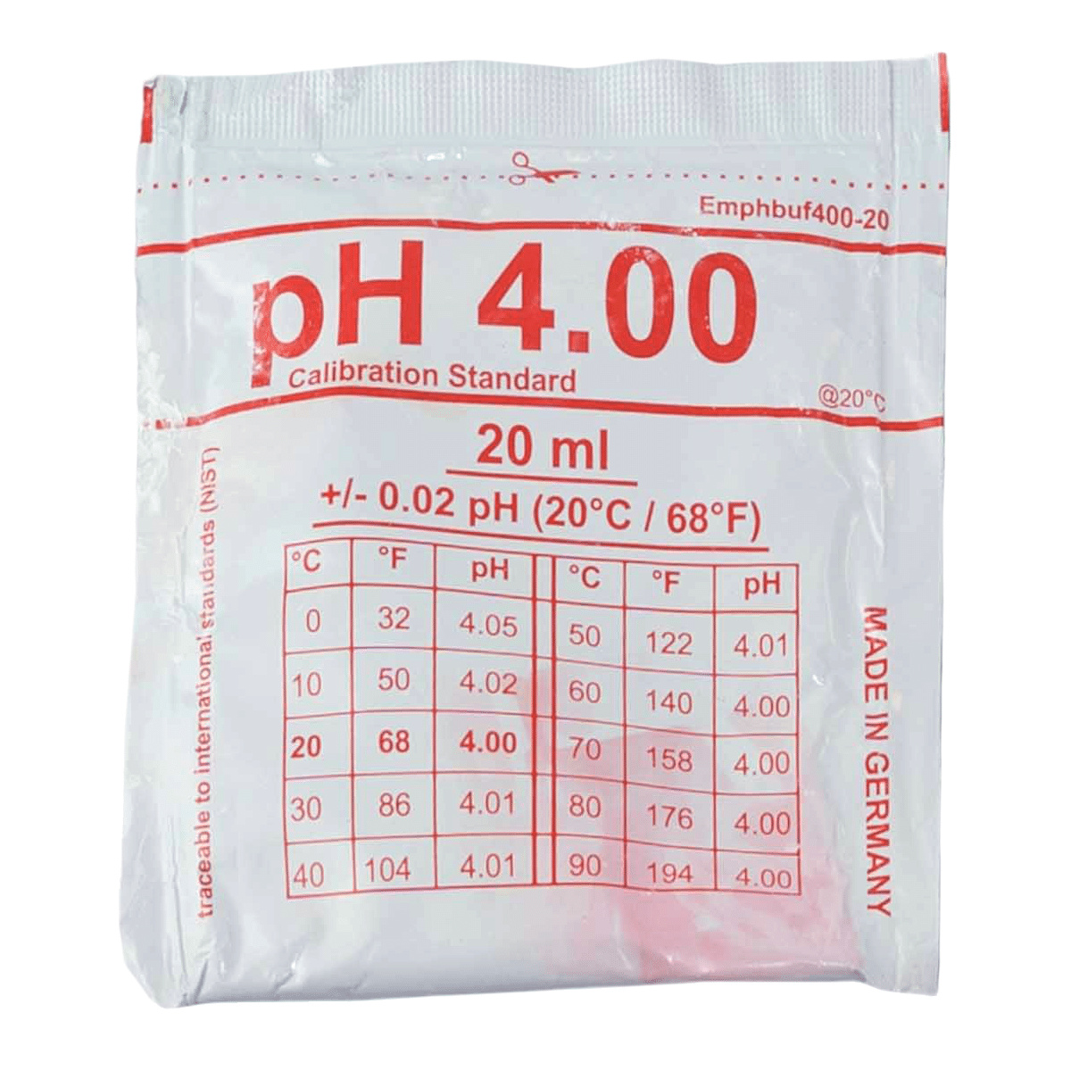 En påse med pH 4 kalibreringsvätska