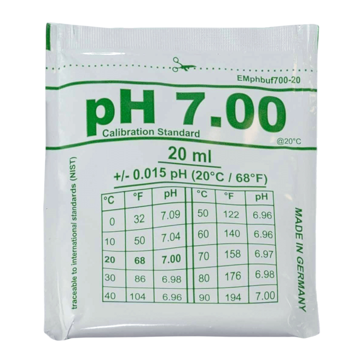 En påse med pH 7 kalibreringsvätska